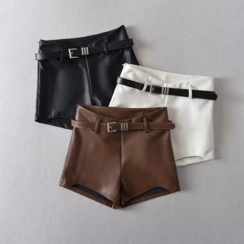 solid color slight stretch zip-up pu leather with belted shorts size run small