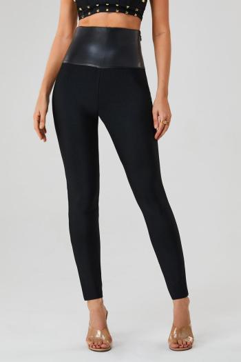 stylish high stretch pu patchwork high waist zip-up slim leggings(only leggings)