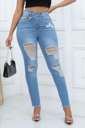 casual plus size slight stretch solid color hole high waist tight jeans
