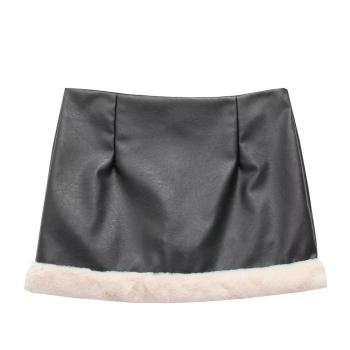 stylish zip-up non-stretch fur decor pu leather sexy lined skirt size run small