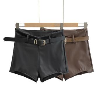 pure color non-stretch zip-up pu leather sexy slim belted shorts size run small