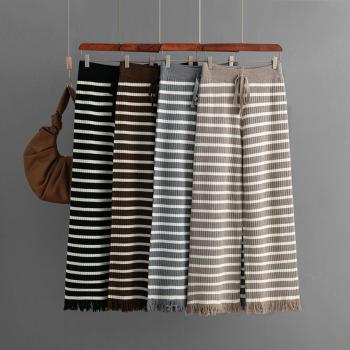 casual slight stretch knitted striped tassel high-waist wide-leg pants