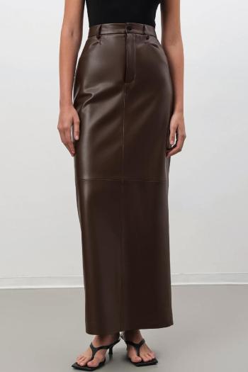 casual slight stretch solid color pu high-waist slit maxi skirt