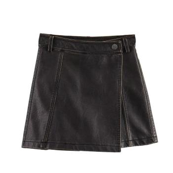pure color non-stretch pu leather zip-up stylish all-match skorts size run small
