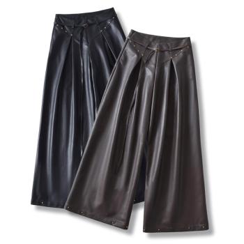non-stretch rivet zip-up pu leather belted casual loose pants size run small