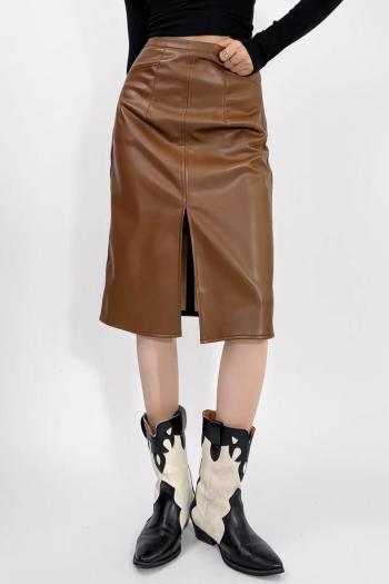 new stylish non-stretch pu leather zip-up slim split skirt size run small