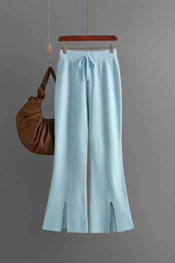 casual slight stretch solid color knitted slit flared pants