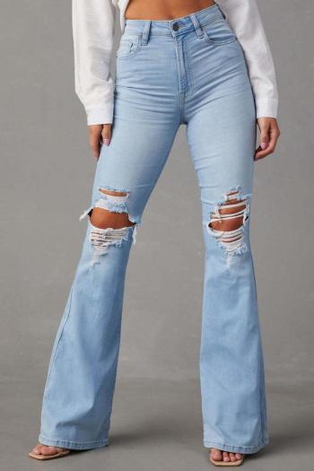 casual plus size non-stretch solid color high waist hole flared jeans