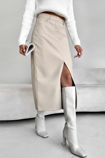 casual non-stretch pu solid color with thin velvet slit midi skirt