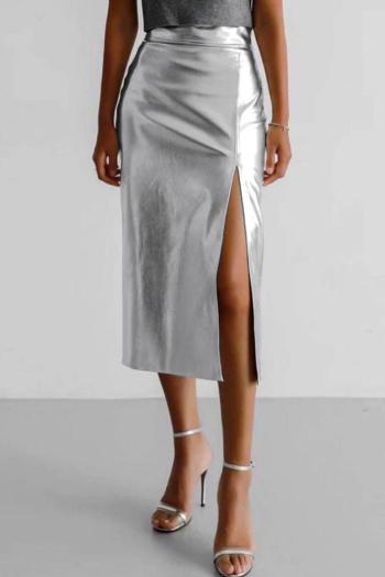 sexy non-stretch pu solid color high-waist slit midi skirt