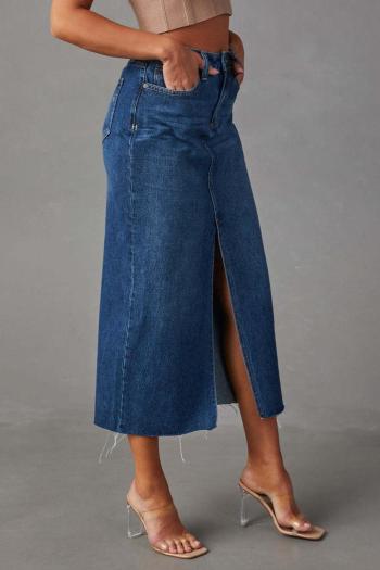 casual non-stretch solid color with slit high waist midi denim skirt(only skirt)