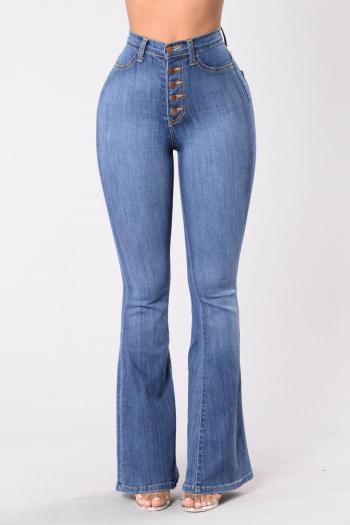 casual solid slight stretch high-waist single-breasted micro-flared jeans