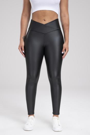 casual slight stretch solid color pu tight high waist leggings