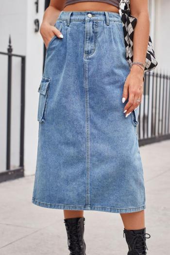 casual plus size non-stretch solid color slit all-match midi denim skirt