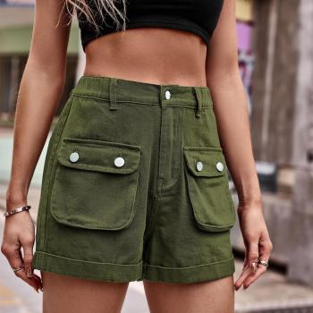 casual plus size non-stretch solid color high waist all-match denim shorts