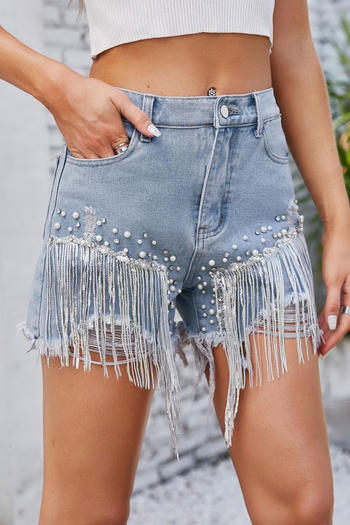 casual non-stretch solid hole high waist rhinestone pearl tassel denim shorts