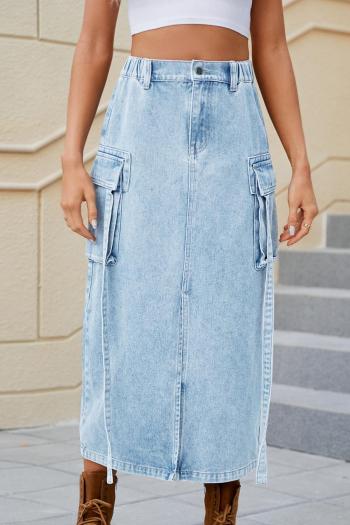 casual plus size non-stretch solid color slit high waist midi denim skirt