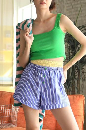 casual non-stretch striped printed patchwork high-waist shorts(only shorts)