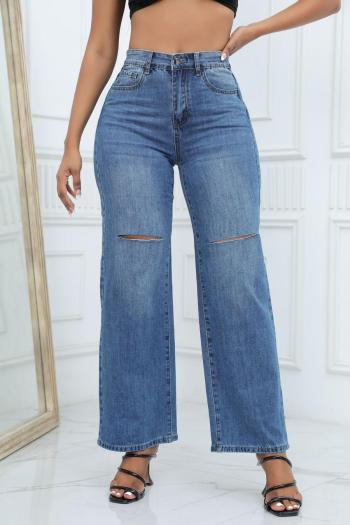 casual plus size slight stretch solid color high waist hole straight jeans#1