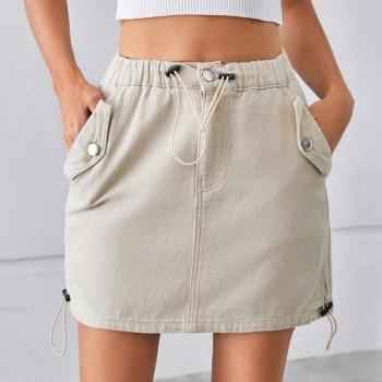 casual  plus size non-stretch solid color drawstring mini denim skirt