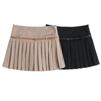 casual non-stretch with belt high-waist pleated mini skorts