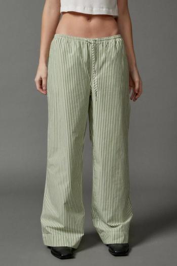 casual non-stretch thin striped print low-waist drawstring straight pants