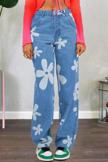 casual non-stretch flower batch printing high-waist jeans