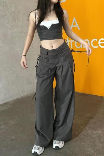casual non-stretch solid color high-waist lace-up loose pants