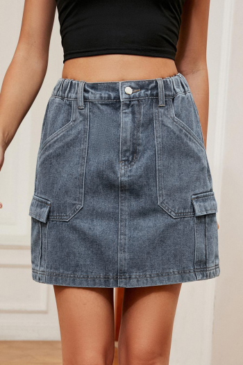 casual plus size non-stretch solid cargo denim mini skirt