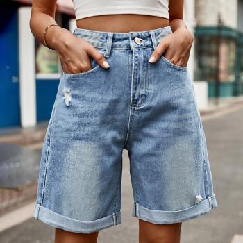 summer new casual plus-size non-stretch ripped rolled denim shorts