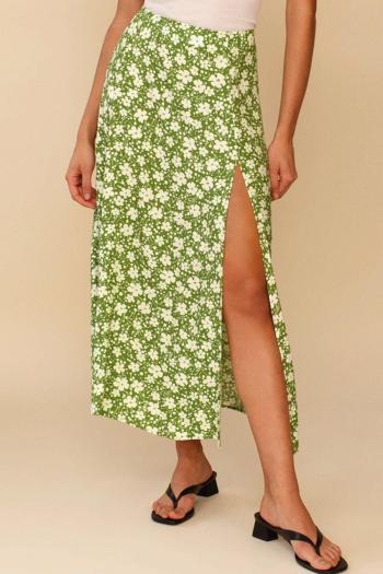 sexy non-stretch floral batch printing high-waist slit midi skirt