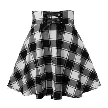 sexy non-stretch lattice printing high-waist lace-up mini skirt
