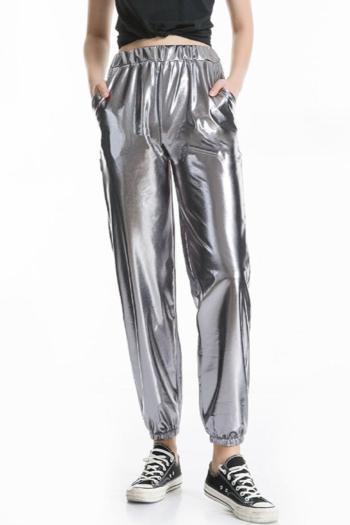 casual slight stretch pu holographic high-waist pants