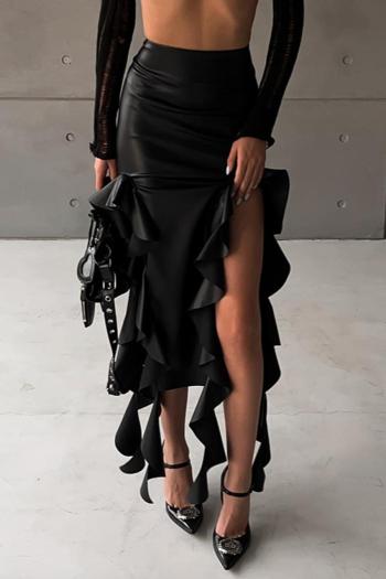 sexy stylish slight stretch black pu split ruffle slim high waist midi skirt