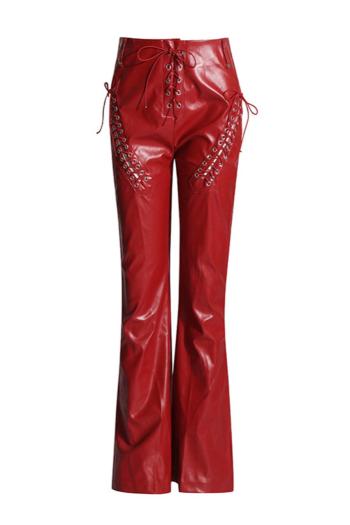 sexy slight stretch pu solid color high-waist lace-up pants size run small