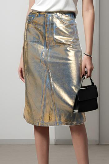 casual non-stretch holographic denim high-waist midi skirt size run small