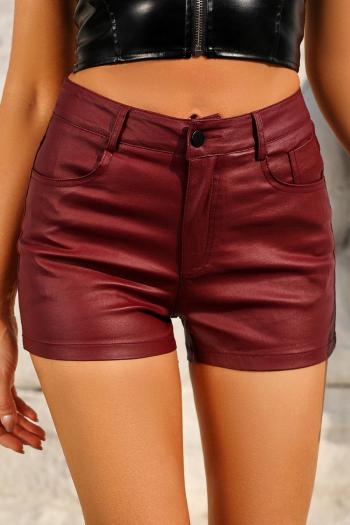 casual slight stretch solid color imitation leather pocket high-waisted shorts
