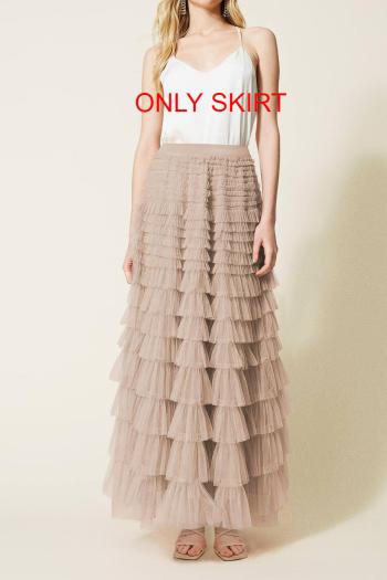 elegant non-stretch solid color high waist pleated mesh cake maxi skirt