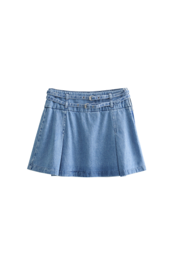 sexy style slight stretch blue with belted pressed pleated denim mini skirt