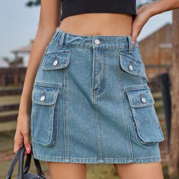 casual plus size non-stretch skinny cargo pocket denim mini skirt