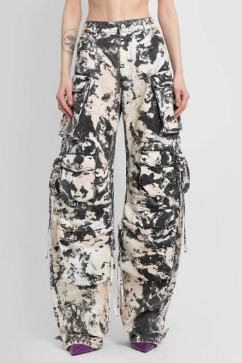 casual non-stretch cow pattern printing high-waist cargo pants size run small
