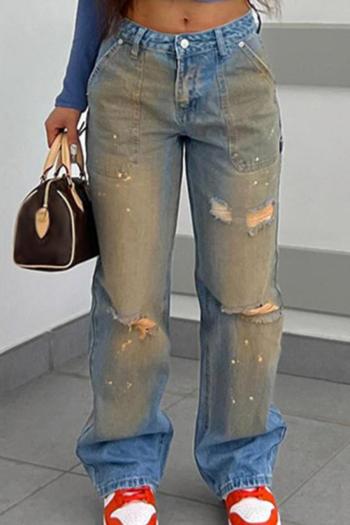casual slight stretch distressed retro gradient ripped straight jeans
