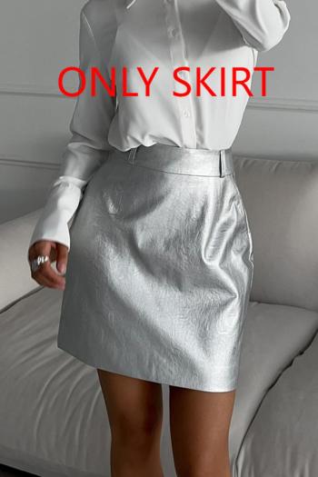 casual stylish slight stretch silver pu leather high waist all-match mini skirt