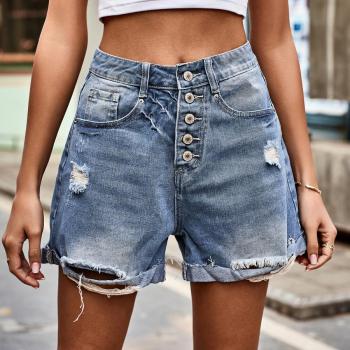 casual plus size non-stretch single-breasted ripped rolled-edge denim shorts