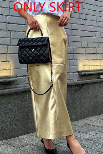 casual stylish slight stretch pu leather splicing design all-match midi skirt