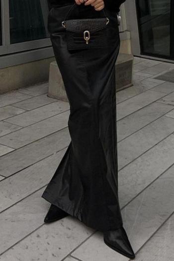 stylish slight stretch pocket splicing slit pu leather black maxi skirt