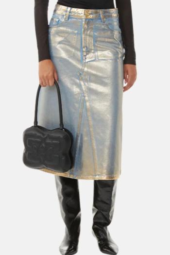 new casual style slight stretch bronzing design high-waisted denim midi skirt