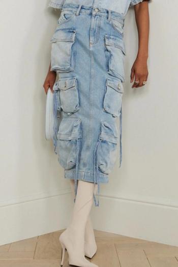 vintage slight stretch multi-pocket distressed high-waisted denim midi skirt