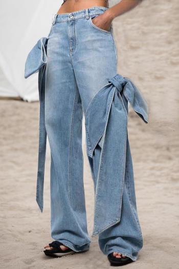 vintage washed slight stretch stitched bow design high waist slim straight jeans