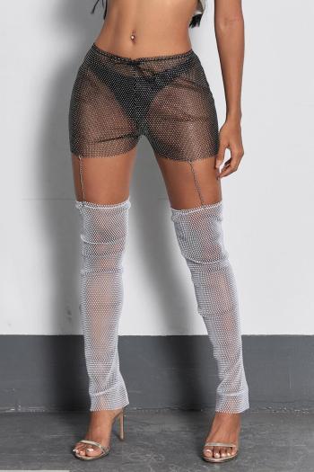 sexy non-stretch fishnet rhinestone splicing contrast color slim pants
